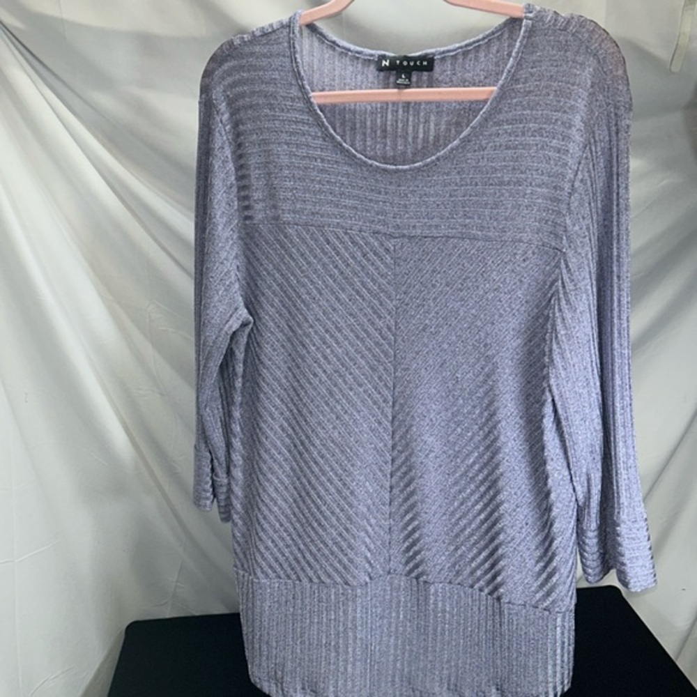 N Touch Shimmery Grey Purple Stretch Textured Long Slv Fitted Wrist Blouse Large